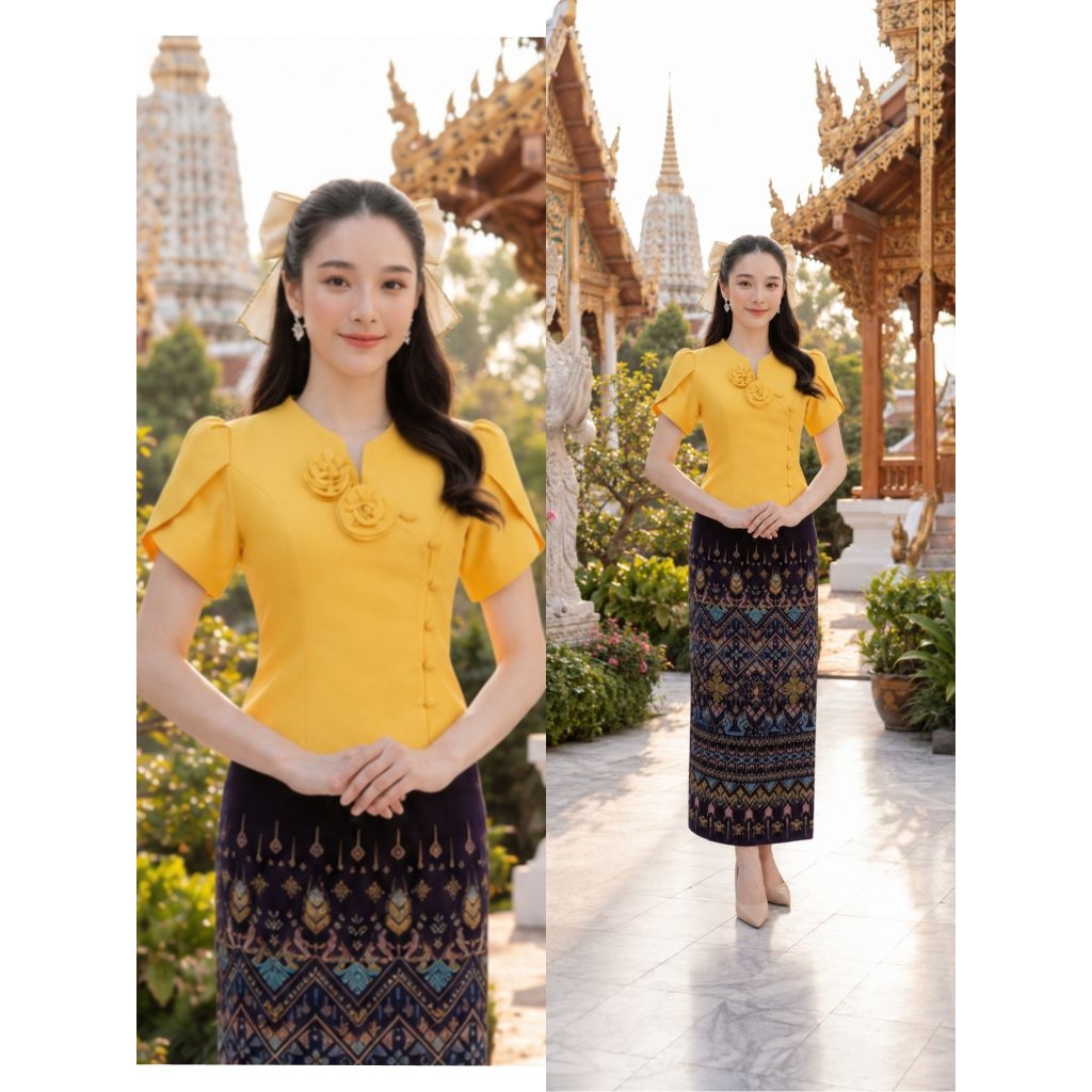 เสื้อไหมลาว รุ่นแขนบัว แต่งดอกไม้อก น่ารักๆ ใส่ได้ทุกโอกาส (เฉพาะเสื้อ)