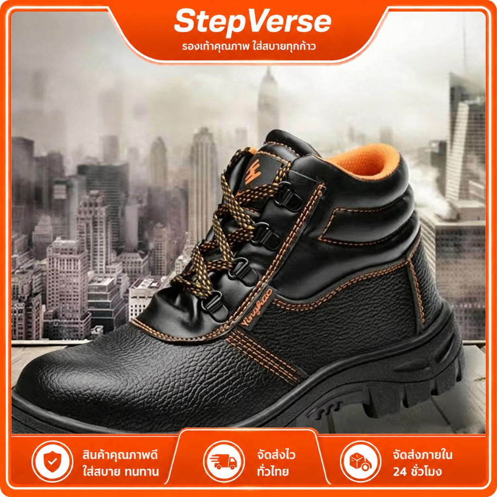 StepVerse รองเท้านิรภัยหนังแท้รุ่นสูง หัวเหล็กกันกระแทก แผ่นรองกันทะลุ พื้นหนาแน่น เหมาะโรงงาน อู่ซ่อมรถ งานก่อสร้าง สํา