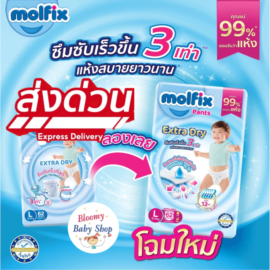 Molfix ExtraDry กางเกงผ้าอ้อมเด็ก แพมเพิสสำเร็จ โมลฟิกซ์ เอ็กซ์ตร้าดราย