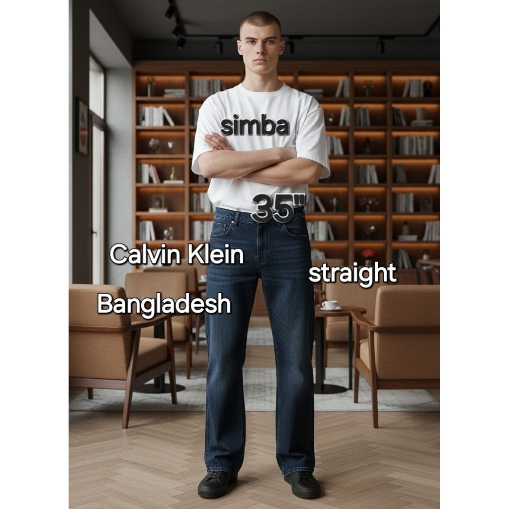 Calvin Kleinชายเอว35"ทรงขากระบอกเล็กสีฟอกเข้มสภาพดี
