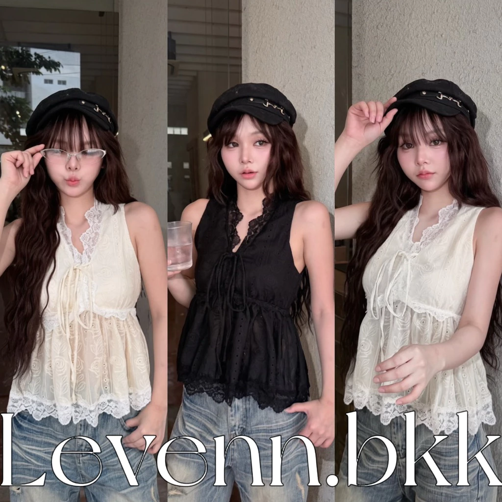 Levenn.bkk • Sunny Top เสื้อคอวีแขนเว้า แต่งลูกไม้ สวยเรียบหรู น่ารัก กระชับพอดี ผู้หญิง Clothing