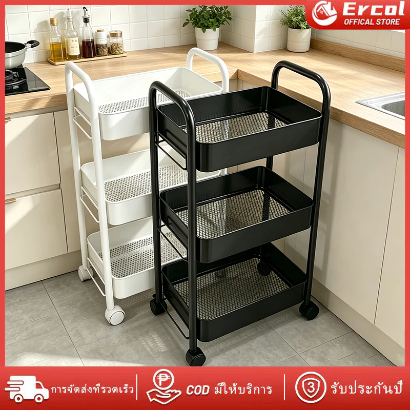 ชั้นวางของ 3-4 ชั้นรถเข็นเหล็กหนาวัสดุโลหะด้วยลูกกลิ้งชั้นวางของที่เคลื่อนย้ายได้สำหรับห้องครัวเก็บของมัลติฟังก์ชั่น