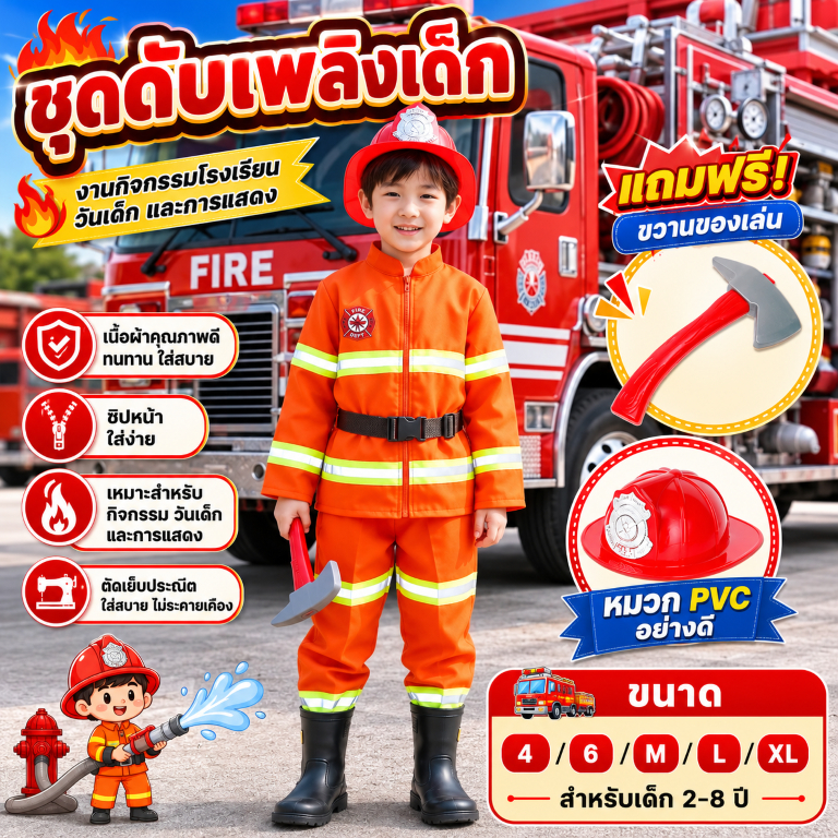 (KIDCITY) ชุดดับเพลิงเด็ก ชุดผจญเพลิงเด็ก แถมขวานของเล่น ชุดอาชีพเด็ก