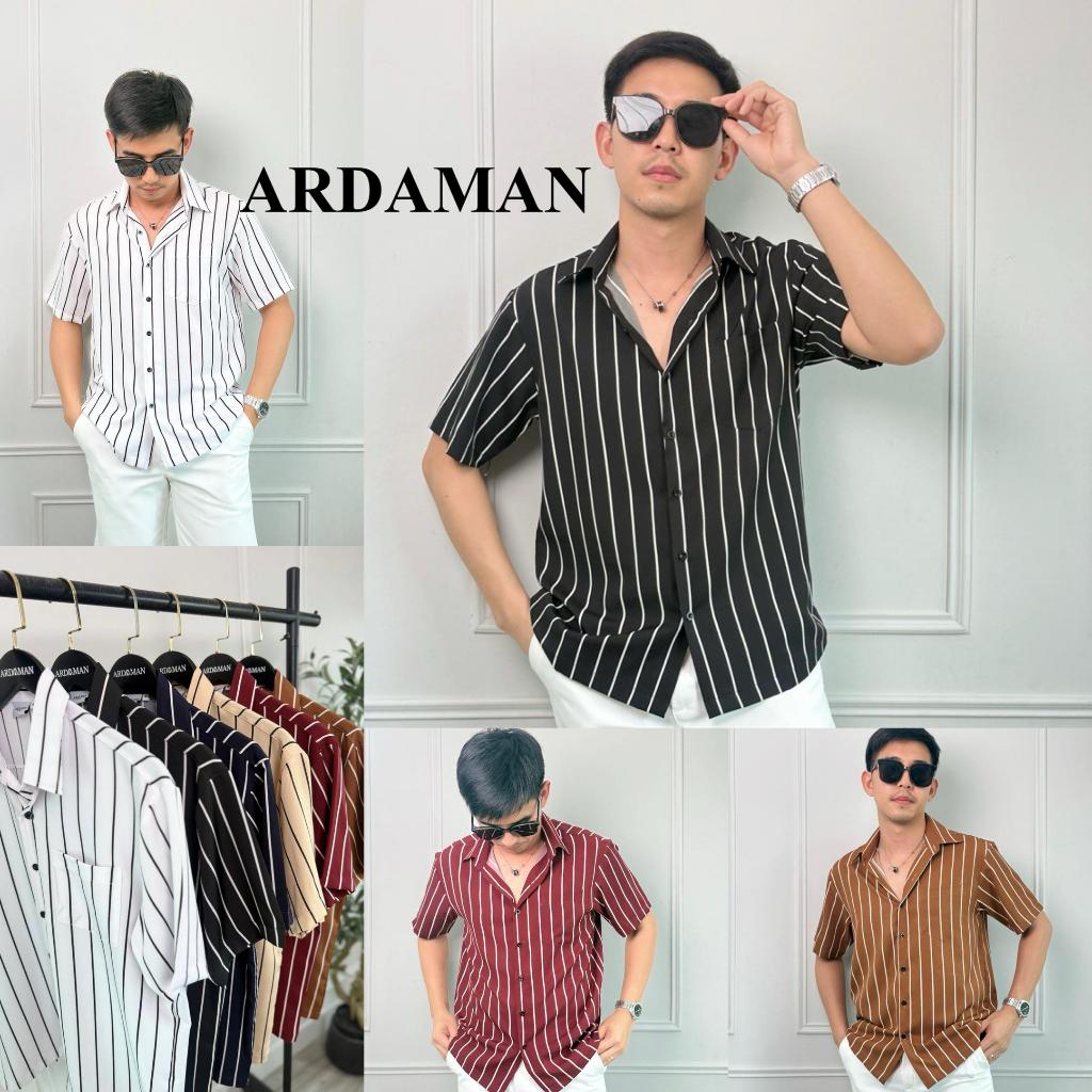 ARDAMAN เสื้อเชิ้ตแขนสั้นผ้ามันลายทาง ผ้าไหมอิตาลี ทรงโอเวอร์ไซส์ เย็นสบายไม่ต้องรีด