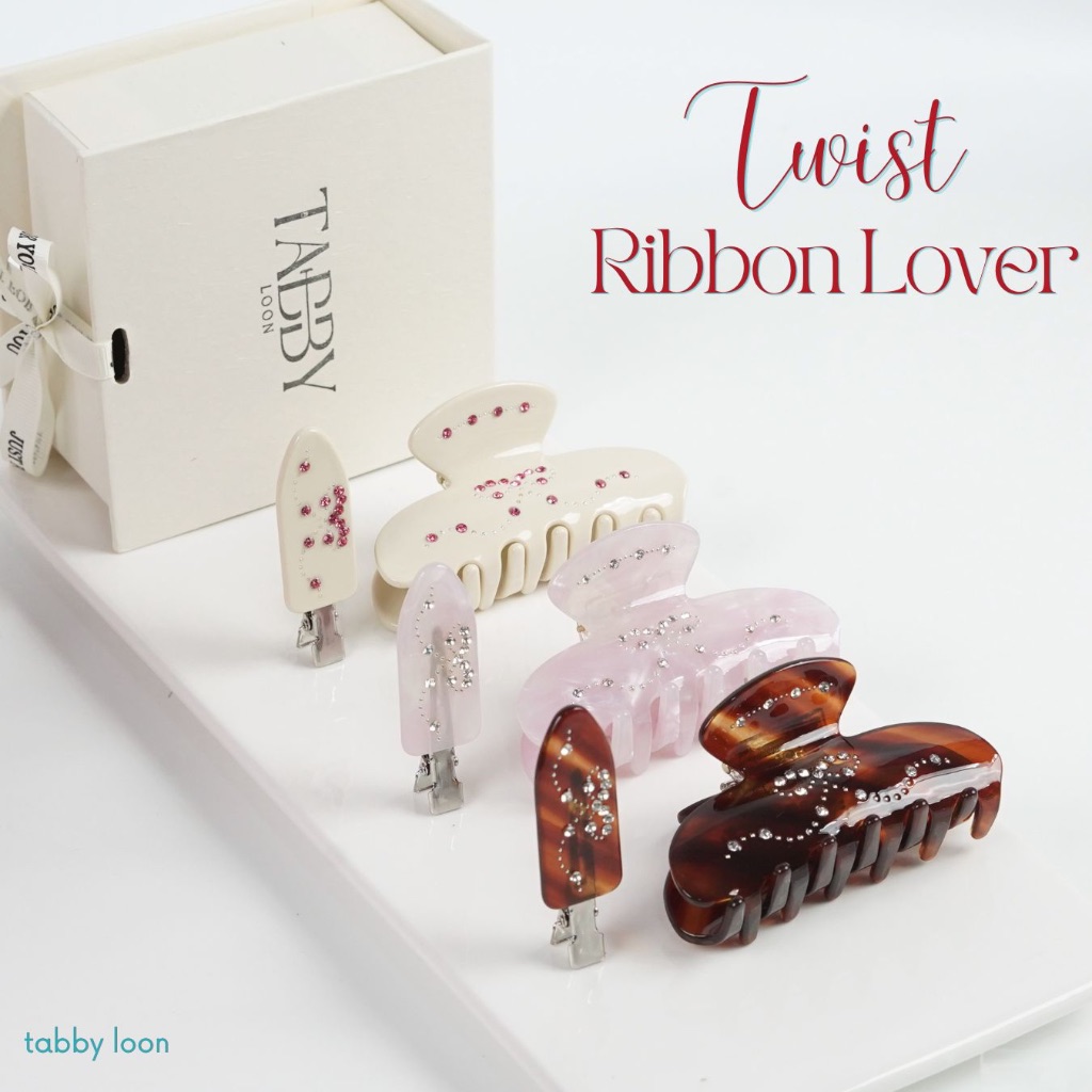 (set2ชิ้น)Tabby Loon Twist Ribbon Loverกิ๊บหนีบผมริบบิ้น (Free box)
