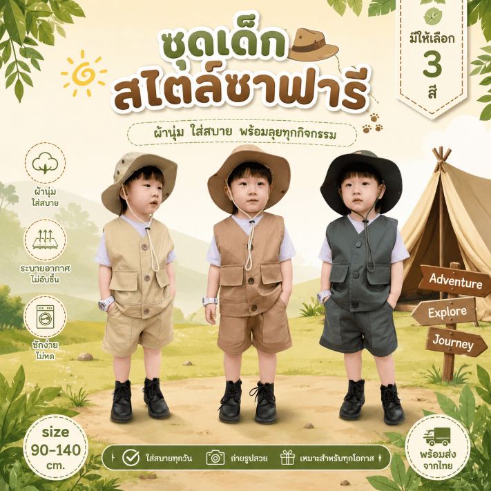 ชุดแคมป์ปิ้งเด็ก ชุดเดินป่าเด็ก เสื้อกั๊ก กางเกง หมวก ลุคนักสำรวจ พร้อมส่งในไทย