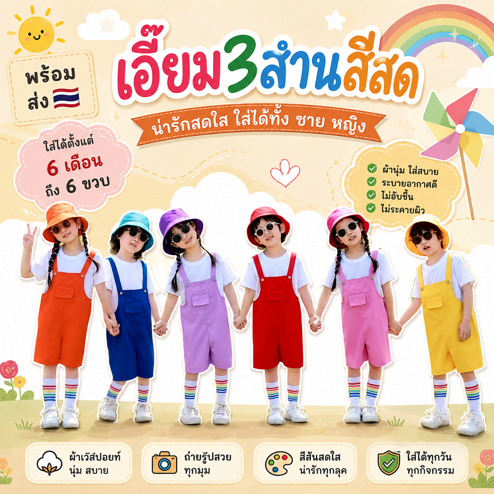เอี๊ยมเด็ก 3 ส่วน สีสด ผ้าฝ้าย สไตล์เกาหลี ใส่ได้ทั้งชายหญิง พร้อมส่งไทย