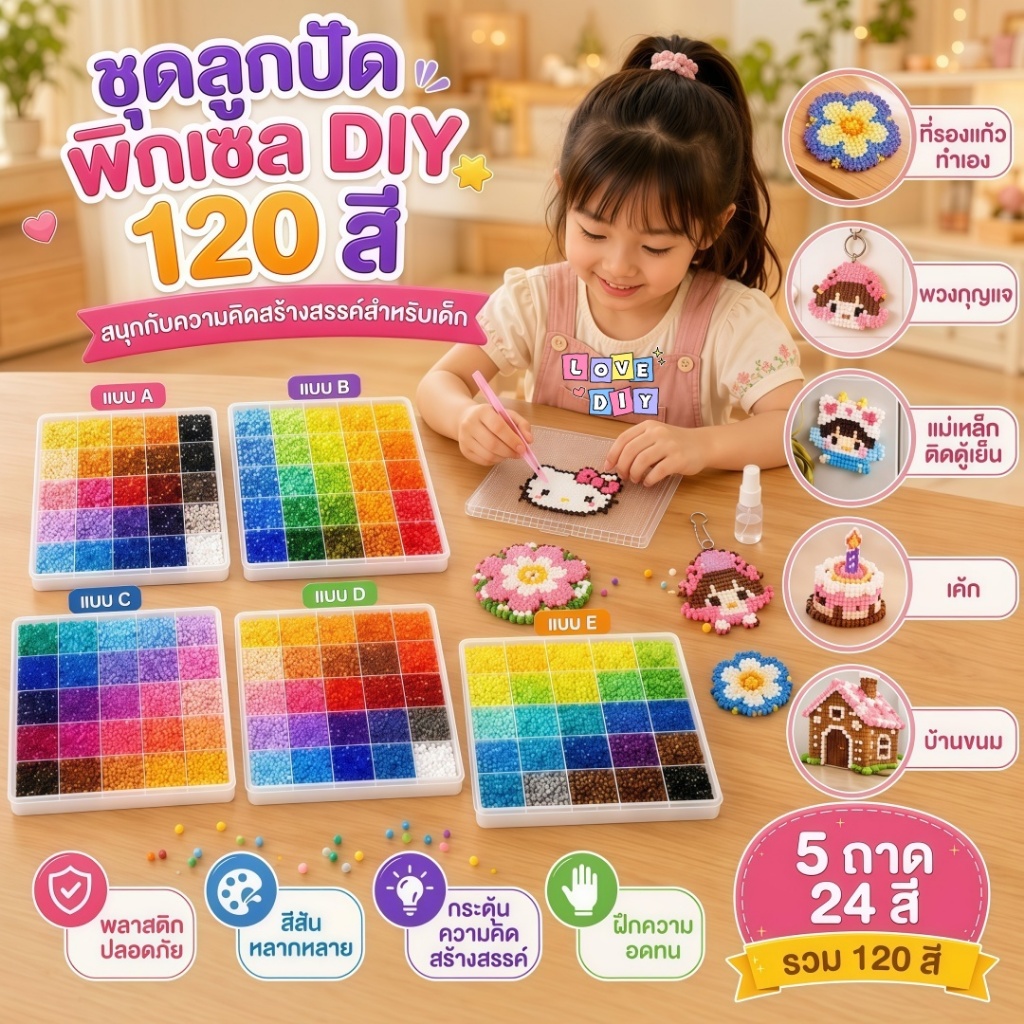 ลูกปัด Perler ขนาด 2.6 มม. 264 สี ชุดของเล่นเสริมการเรียนรู้สำหรับเด็กแบบ DIY สีสันสดใส พร้อมอุปกรณ์ครบชุด
