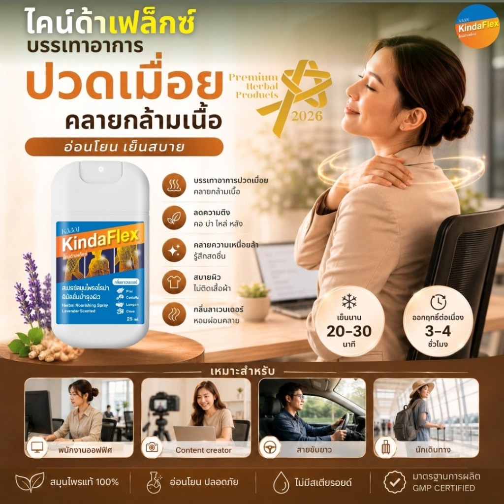 สเปรย์ผ่อนคลายกล้ามเนื้อ บรรเทาความเมื่อยล้านั่งนาน ลดความตึง คอ บ่า ไหล่ ไม่ติดเสื้อผ้า พนักงานออฟฟิศ ซินโดรม KindaFlex