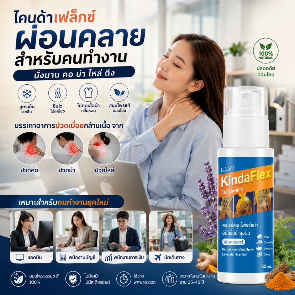 สเปรย์ผ่อนคลายสำหรับคนทำงาน นั่งนาน ขับรถนาน ทำงานหน้าคอม คอ บ่า ไหล่ สูตรเย็น ซึมไว ไม่ติดเสื้อผ้า กลิ่นหอม KindaFlex