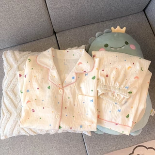 🐶☁️ชุดนอนสองชิ้นลายสุนัขการ์ตูนผสานลายจุด สไตล์สาวหวาน ผ้าคลาวด์คอตตอนสัมผัสนุ่มละมุนผิว เหมาะฤดูร้อน มีไซส์ M-2XL จัดส่