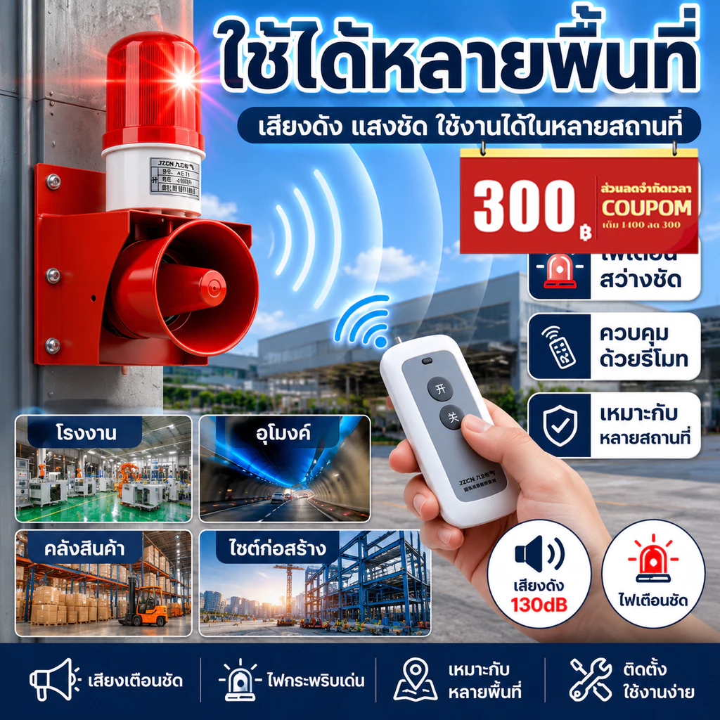 130dB ไซเรนอุตสาหกรรม เสียงเตือนแตรกันน้ําฉุกเฉิน Strobe ไฟเตือน 220V สำหรับฟาร์มไก่/คลังสินค้า/ท่าเรือ/โรงเรียน/สถานที่