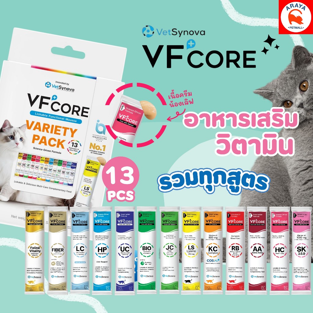 *1กล่อง 13ชิ้น*12g.* VF+Core Lickable Variety Pack อาหารเสริม วิตามินสัตว์เลี้ยง ไลซีน รูปแบบอาหารครีมเลีย