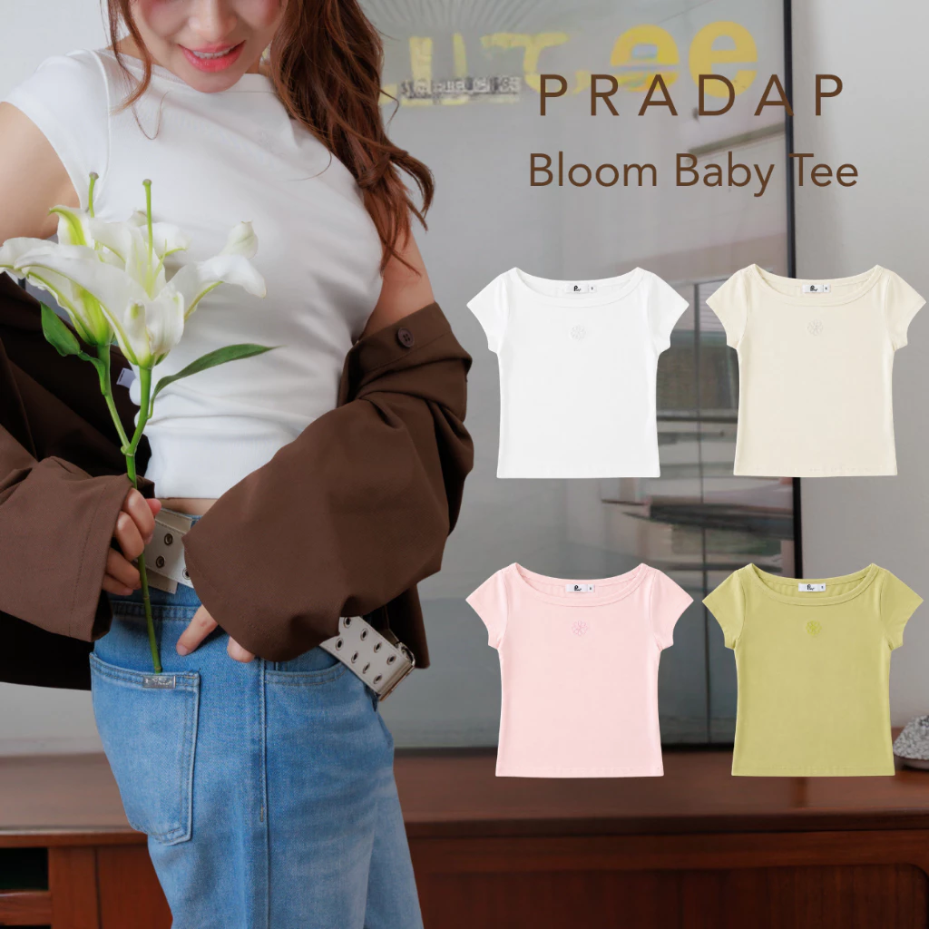 PRADAP_BRAND | Bloom Baby Tee เสื้อ Baby Tee ปักดอกไม้ ผ้ายืดนุ่ม ทรงพอดีตัว มินิมอล