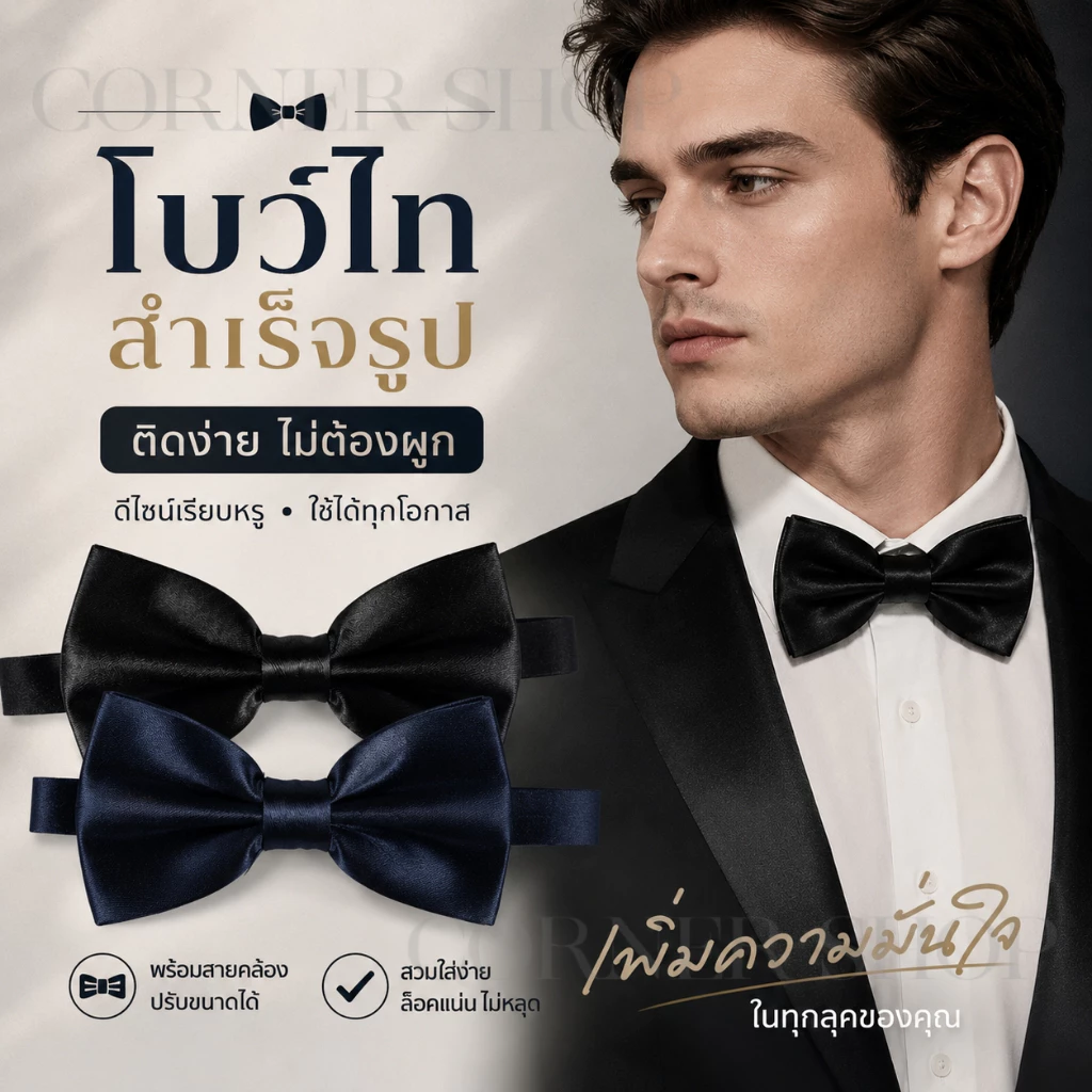 พร้อมส่งจากไทยโบว์ไทสำเร็จรูป หูกระต่ายผู้ชาย ผ้าซาติน ใส่ง่ายไม่ต้องผูก สายปรับระดับได้ สำหรับชุดสูท งานแต่ง งานปาร์ตี้