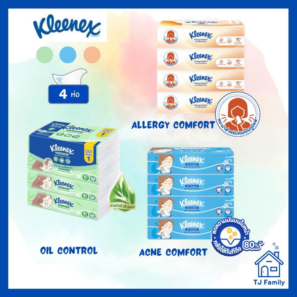 [Kleenex 3 สี] คลีเน็กซ์ กระดาษเช็ดหน้า แบบห่อ 3 สูตร Acne Comfort, Oil Control, Allergy Comfort