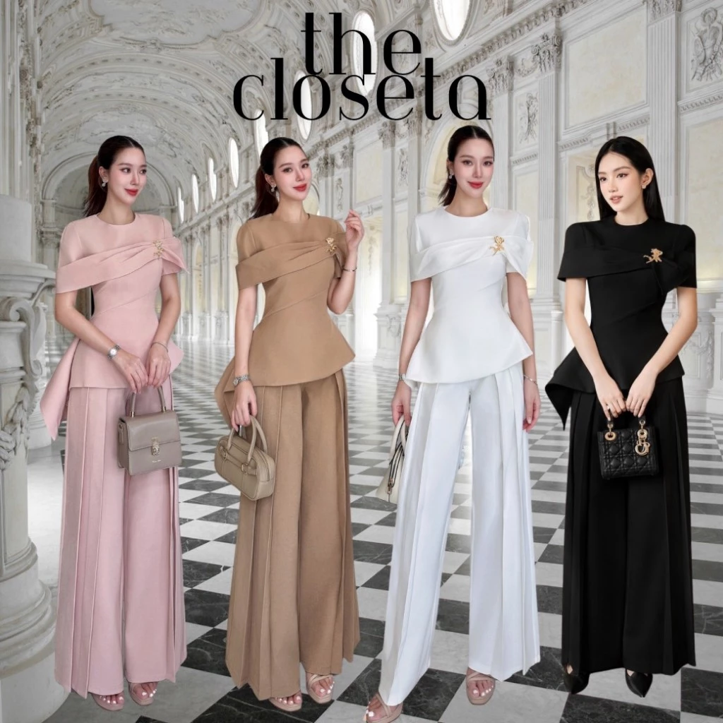 THE CLOSETA :LB615 ชุดเซ็ทเสื้อแขนสั้แต่งชายเสื้อระบายเฉียงแถมเข็มกลัดกุหลาบสีทอง กางเกงขายาวเข้าชุด