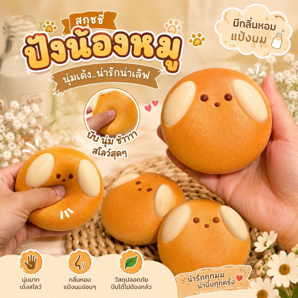 สกุชชี่ปังน้องหมาหน้ากลม กลิ่นแป้งนมหอม เนื้อนุ่ม Slow Rising บีบเพลิน