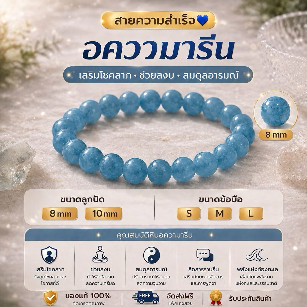 💙 อความารีน พลังสงบ สื่อสารราบรื่น ✨ หินมงคล หินนำโชค 8 mm 10 mm S M L พร้อมส่ง