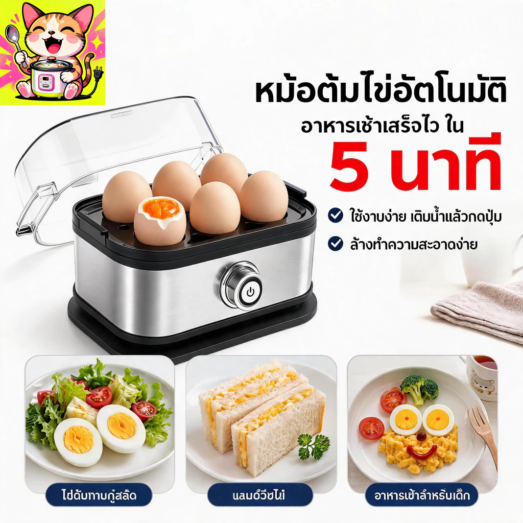 【รับประกัน 3 ปี】เครื่องต้มไข่ เครื่องต้มไข่อัตโนมัติ ต้มได้สูงสุด 6 ฟอง พร้อมฟังก์ชันนึ่งอาหาร ทำความสะอาดง่าย Mini egg