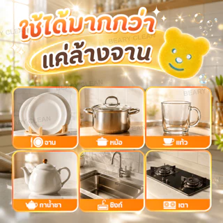 Beary Clean ฟองน้ำล้างจาน 2 ด้าน นุ่ม+ใยขัด ขจัดคราบมัน ไม่เป็นรอย แห้งไว ใช้ได้ทั้งจาน หม้อ และอุปกรณ์ครัว