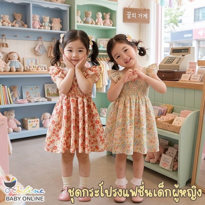 Babyonline(Y392)C3(ส่งด่วน1วัน) ชุดเดรสกระโปรงชีฟองเด็กผู้หญิงลายดอกไม้แขนระบายสไตล์เจ้าหญิง