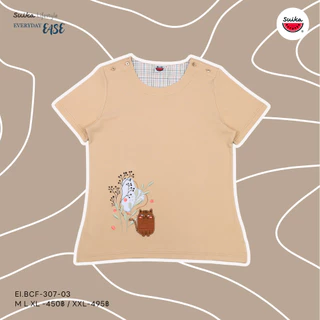 เสื้อแตงโม (SUIKA) - เสื้อยืดคอกลมกระดุมไหล่ ลายปักดอกไม้ ( EI.AOF-307 )