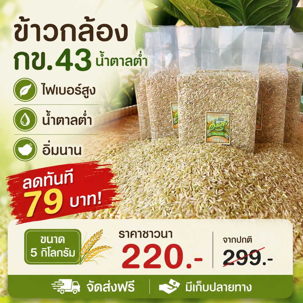 ข้าวกล้อง กข.43 น้ำตาลต่ำ เบาหวานความดัน (5 กิโลซีลสูญญากาศ) ตราอิ่มสุข