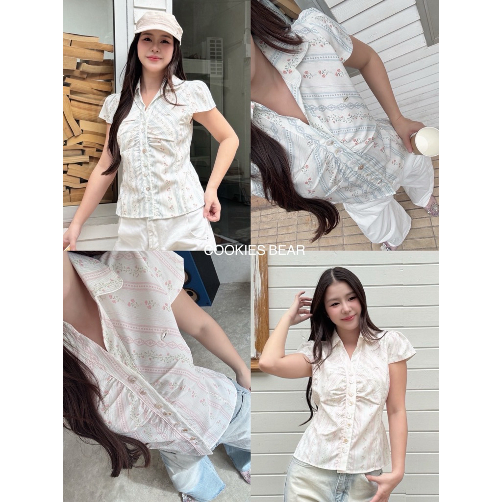W16 / 2 - เชิ้ตทรงสวย งานคอปกวี ผ้าคอตัดลายดอกไม้ สีหวาน แต่งกระดุมเปลือดหอย ติดอะไหล่cookies