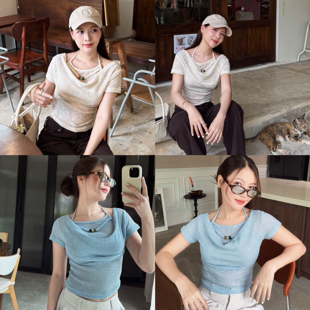 M59-เสื้อครอปแขนสั้น ดีไซน์คล้องคอเลเยอร์ สไตล์เกาหลี