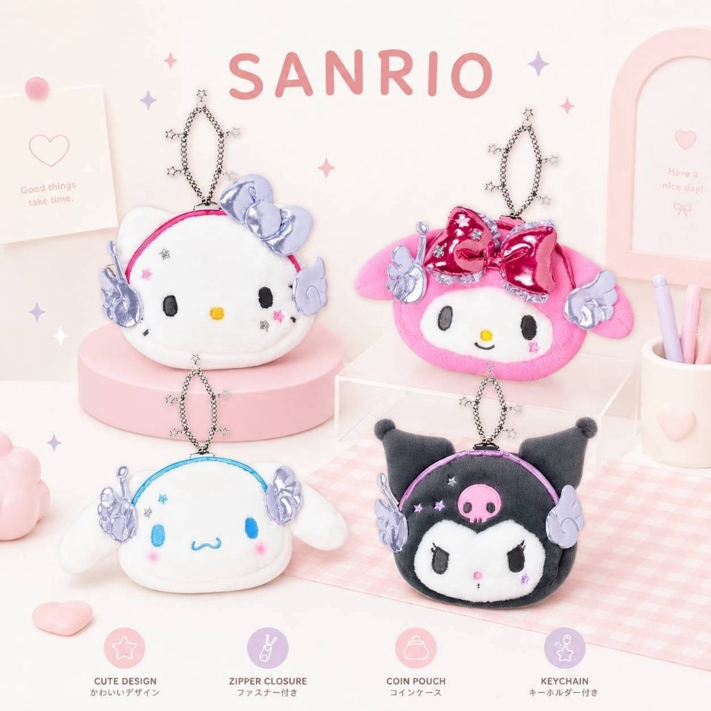 🩷✨ กระเป๋าใส่เหรียญพวงกุญแจ Sanrio ✨🩷ดีเทล โบว์ & ปีกสี Silver วิ้งๆ พร้อมสายโซ่ห้อยดาว มี​ 4​ ลาย​ ราคา 179 บาท