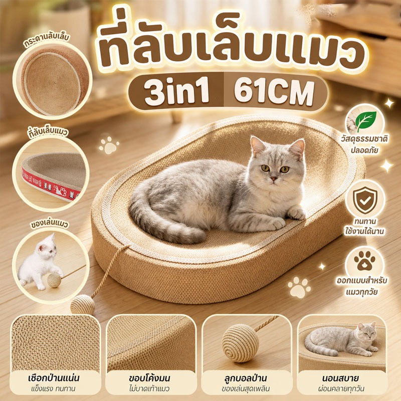 AimayaPet 3in1 ที่ลับเล็บแมว ที่ฝนเล็บแมว ของเล่นแมว 61CM ทนต่อการสึกหรอ ที่ขูดเล็บ