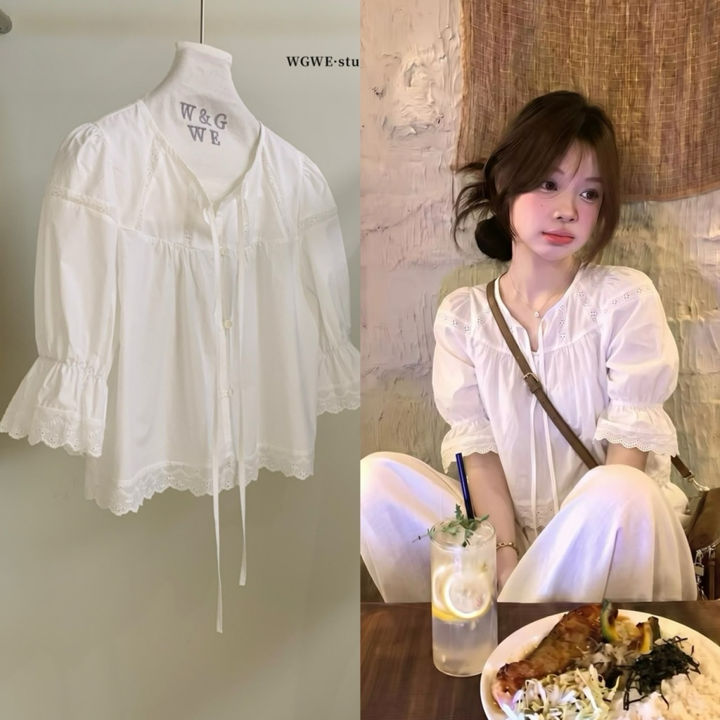 📍พร้อมส่ง📍10375 เสื้อคอกลม มีเชือกผูกช่วงอก เนื้อผ้าดี งานสวย  TAG:WG.WE 🇰🇷 COLOR : 1 สี
