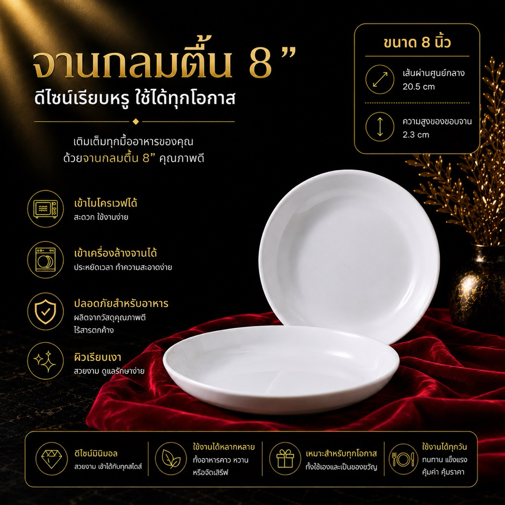 จานกลมตื้น สีขาว ใส่ไมโครเวฟได้ ขนาด 8 นิ้ว
