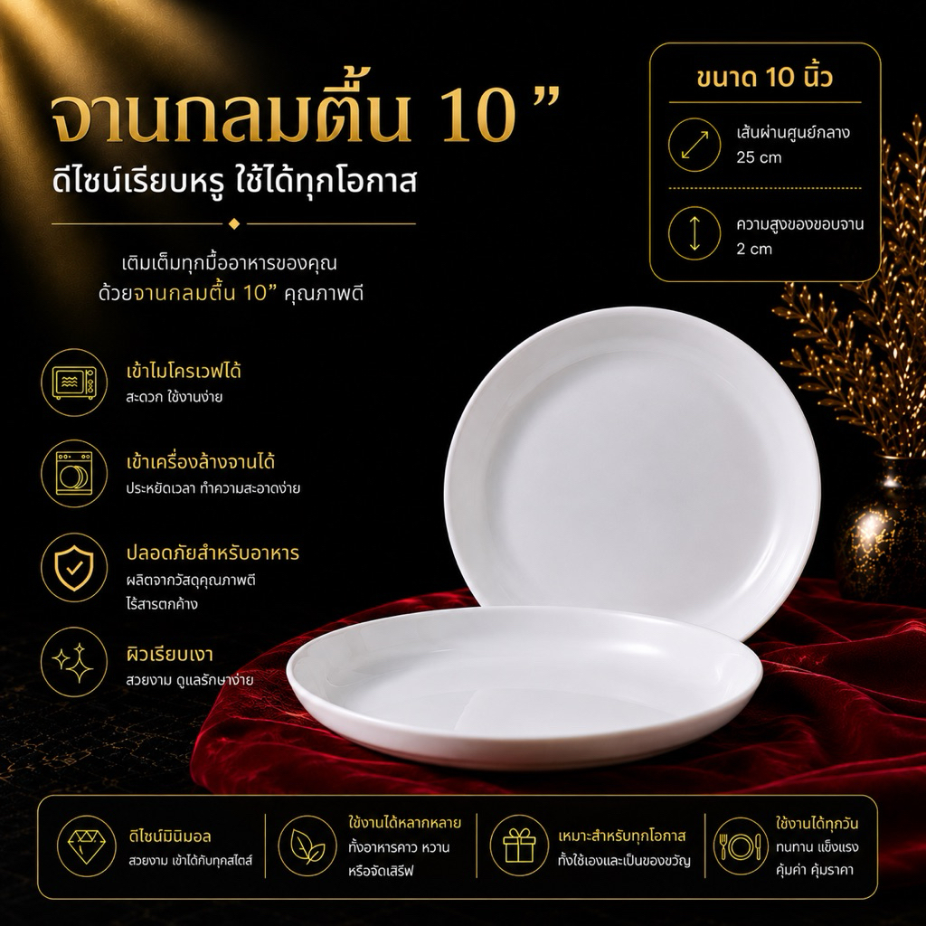 จานกลมตื้น สีขาว ใส่ไมโครเวฟได้ ขนาด 10 นิ้ว