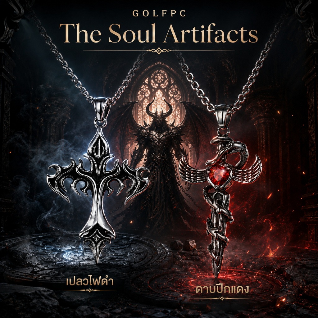 GOLFPC สร้อยคอโกธิก The Soul Artifacts มี 2 แบบ เปลวไฟดำ / ดาบปีกแดง สายยาว 60 ซม. | Gothic RPG Neck