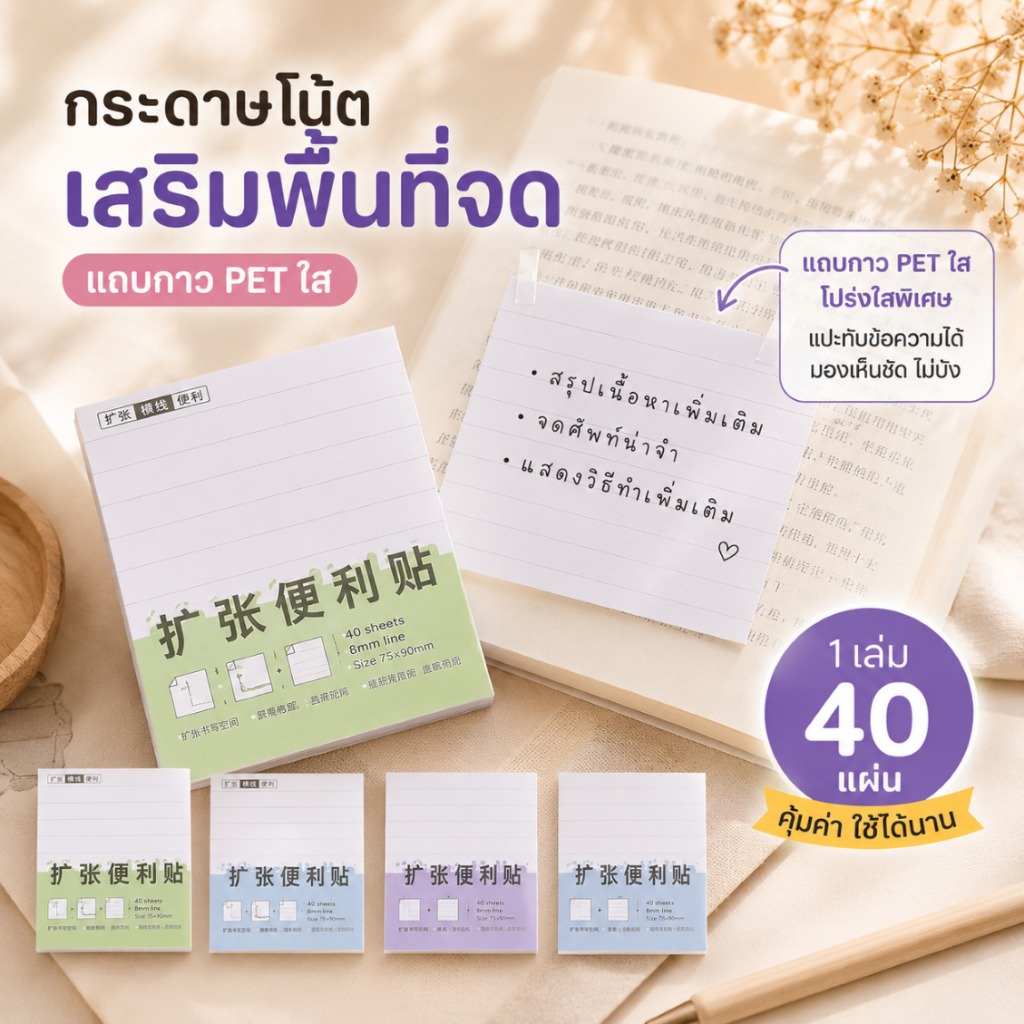 กระดาษโน้ต เพิ่มพื้นที่จด (Expansion Sticky Note) มีแถบกาว PET ใส แปะแล้วไม่บังตัวอักษร!