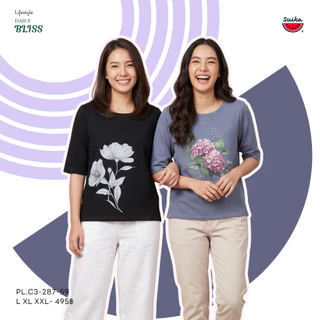 เสื้อแตงโม (SUIKA) - เสื้อแตงโม คอปาดแขนสามส่วน ผ้าสลาฟ พิมพ์ลายดอกไม้ ( PL.C3-081 329 217 287 152 157 )