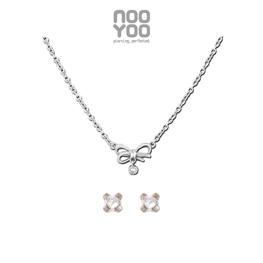 NooYoo เซ็ตสร้อยคอและต่างหูสำหรับผิวแพ้ง่าย Bow Knot Set Surgical Steel