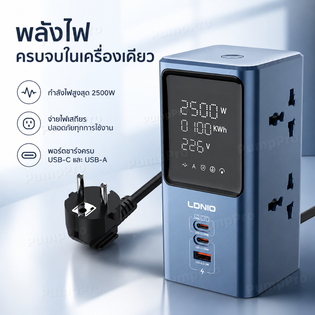 ปลั๊กพ่วงตั้งโต๊ะ LDNIO SC2 จอวัดค่าไฟ 45W GaN ชาร์จโน้ตบุ๊กได้ 2500W หัว Schuko ใช้ได้ทั่วไทย