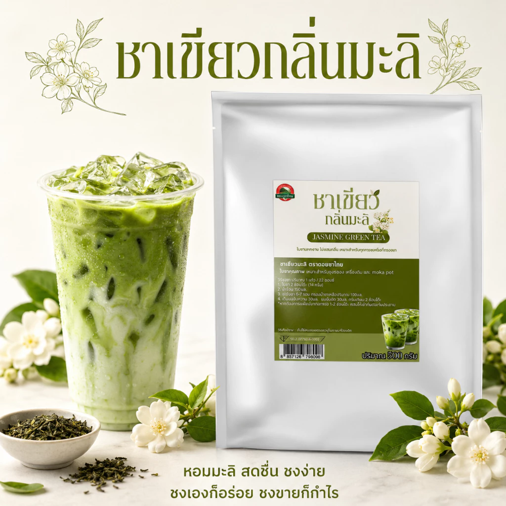 ชาเขียวกลิ่นมะลิ (ตราดอยชาไทย) ขนาด 500กรัม Jasmine Green Tea / Green Tea with Jasmine Flavor