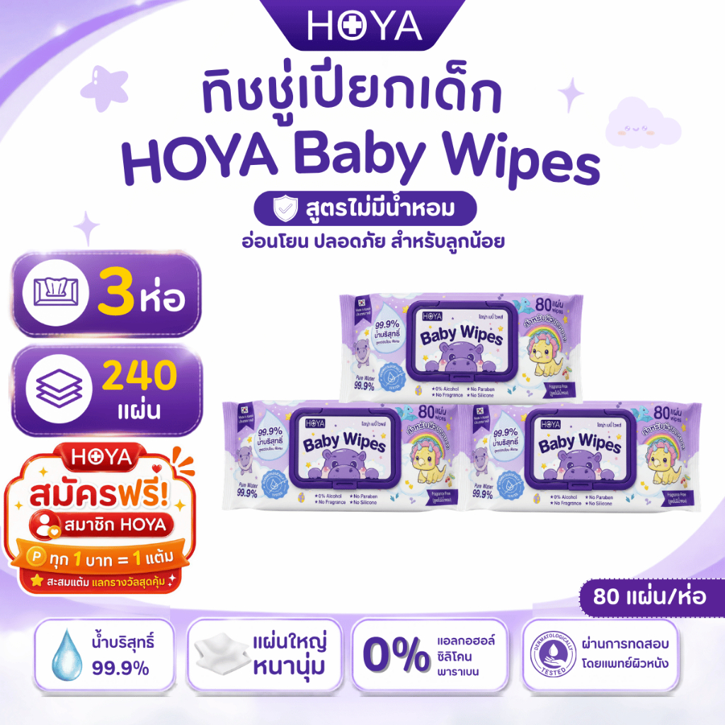 แพ็ค3ห่อ HOYA Baby Wipes  ทิชชู่เปียกสูตรน้ำบริสุทธิ์ 99.9% 80 แผ่น สำหรับผิวบอบบาง ผ้านุ่มชุ่มชื้นไม่บาดผิว