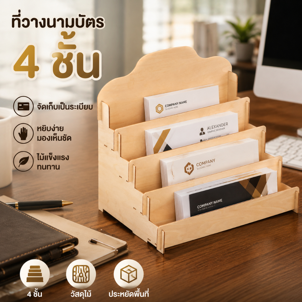 4 ชั้น ผู้ถือบัตรธุรกิจไม้ธุรกิจการ์ดขาตั้งเดสก์ท็อปโบรชัวร์ Organizer