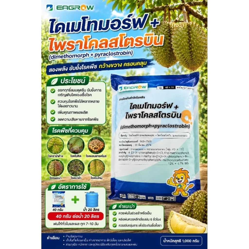 ไดเมโทมอร์ฟ + ไพราโคลสโตรบิน 12%+6.7% ขนาด 1 กิโลกรัม รักษาโรคฟิวซาเรียมในทุเรียน