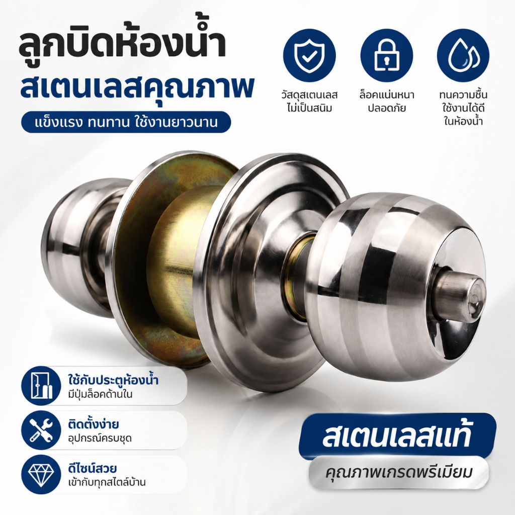 QQWลูกบิดห้องน้ำไม่มีกุญแจ ลูกบิดประตูสแตนเลส พร้อมระบบล็อกภายใน เปิดจากภายนอกได้กรณีฉุกเฉิน ติดตั้งง่าย แข็งแรง ทนทาน