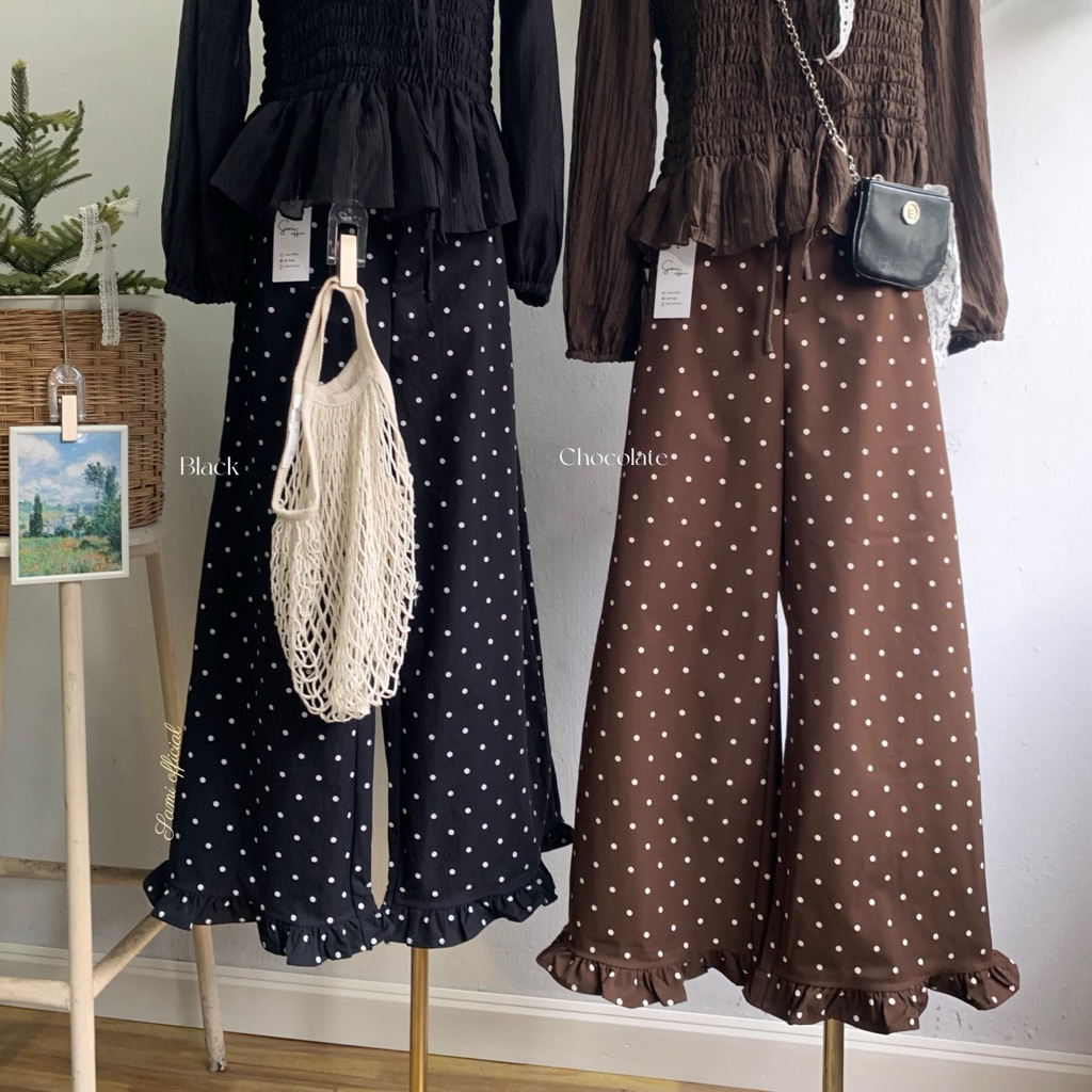Mabelz pant ˖ ࣪ กางเกงขายาวลายจุดดpolkadot โซคิวท์ แต่งระบายริมเล็กปลายขา