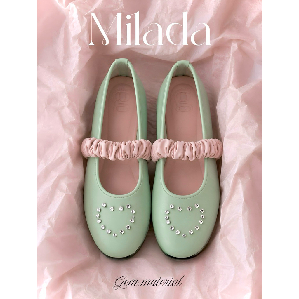 รุ่น Milada พรีออเดอร์เฉพาะสีเขียว รองเท้าแมรี่เจน เพชรหัวใจ สายยางยืดเพชร จับคู่สีน่ารักมาก 🧸✨