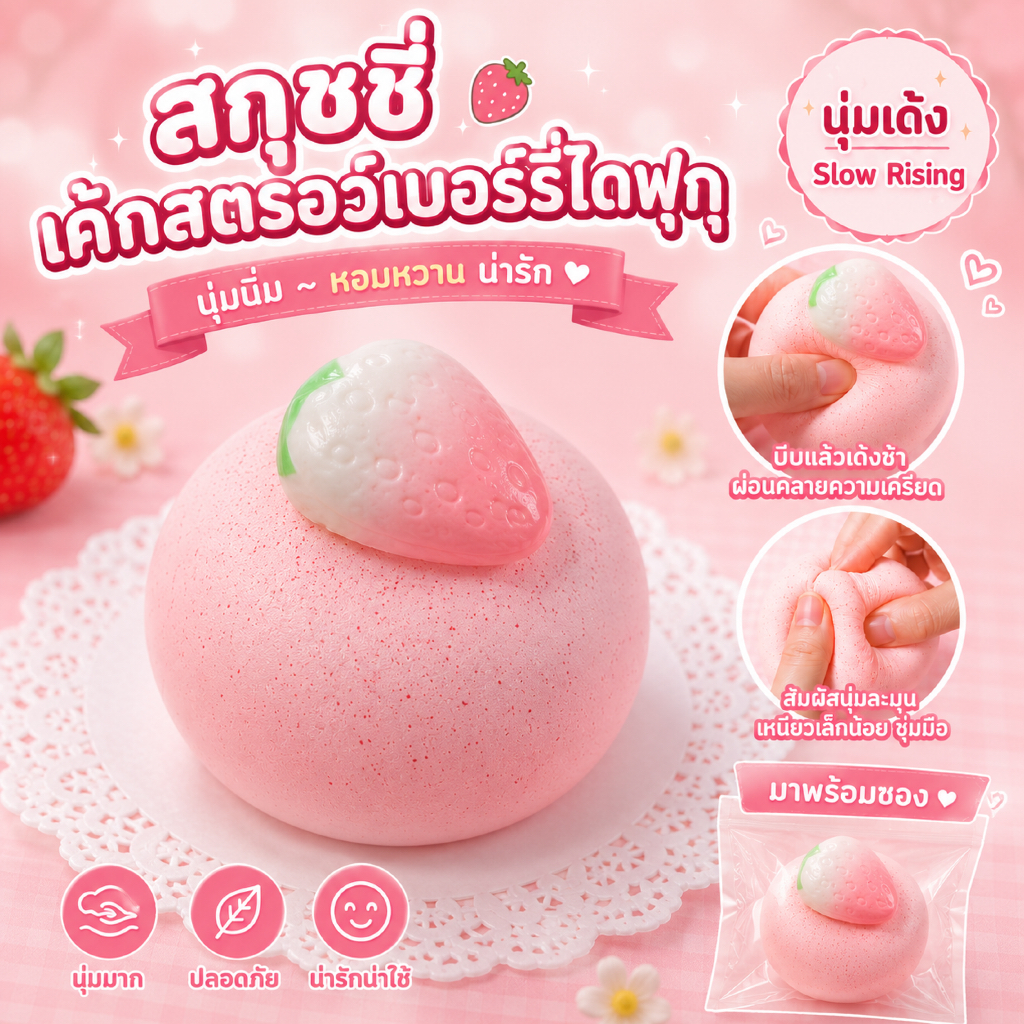 พร้อมส่งจากไทย สกุชชี่เค้กสตรอว์เบอร์รี่ไดฟุกุ Slow Rising เนื้อนุ่มชุ่มมือ บีบคลายเครียด ของเล่น Squishy