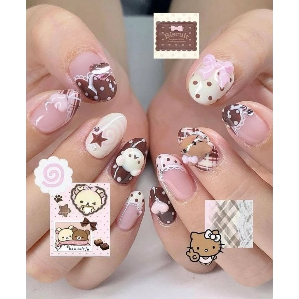 gitter grace เล็บปลอมคุมะ คิตตี้ ทำมือ handmade งานคนไทย ปั้นนูน ไซต์ S M raf by anail.byam ทรงมน แถมกล่องกายวตะไบ
