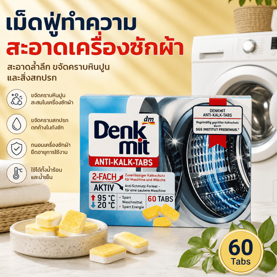 เม็ดล้างเครื่องซักผ้า เม็ดฟู่ล้างถังซักผ้า Denkmit 60Tabs จากประเทศเยอรมนี